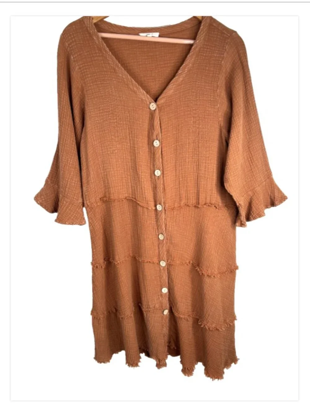 Easel Gauze Dress M Rust Button Front 3/4 Flare Sleeve Boho Minimalist Prairie
